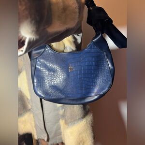 London Fog Blue Croc-Embossed Shoulder Bag with Gold Logo
